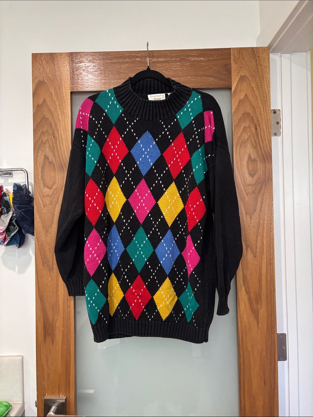 Vintage Black Argyle Cowl Sweater with Multicolor Diamonds